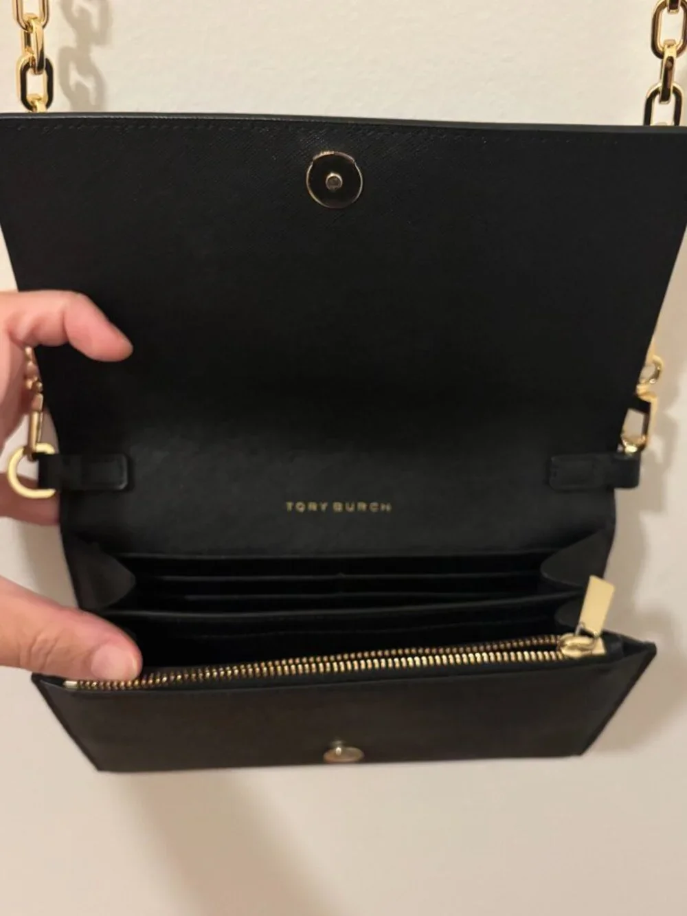 Tory Burch Black Saffiano Leather Crossbody Gold Chain